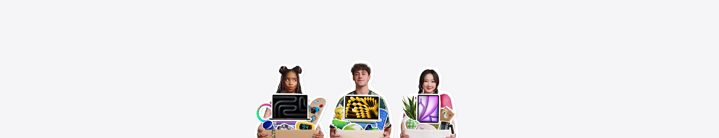 Students carrying various MacBook and iPad models, along with dorm room essentials